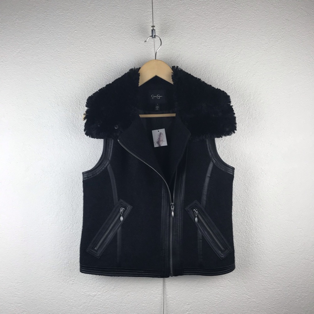 Jessica Simpson l S Chance Black Wool Blend Faux Fur Leather Zipper Moto Vest